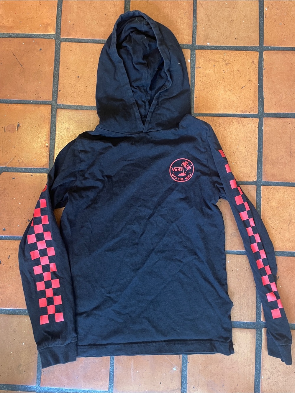 Vans Black Hoodie with Pink Checker Sleeve Accents